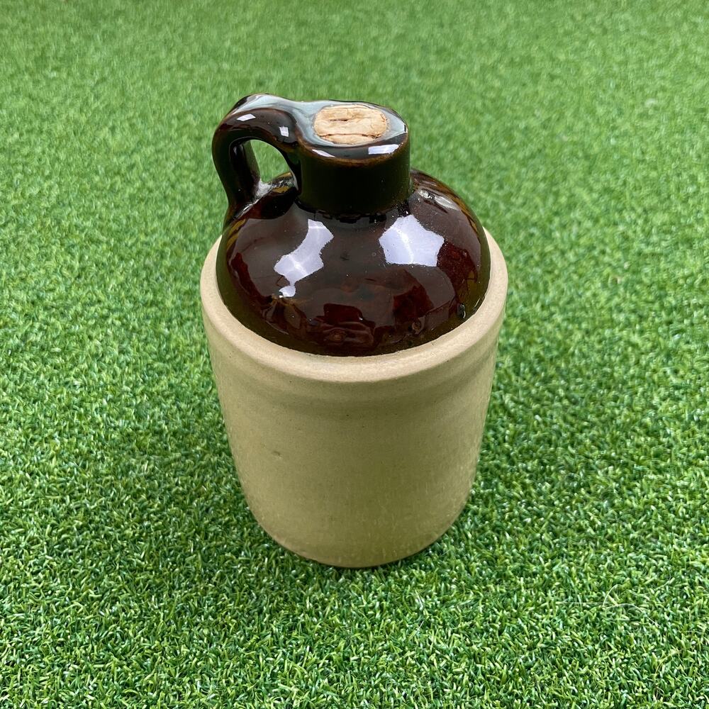Vintage USA Pottery Whiskey Jug Syrup Brown and Tan Color Bar Decor 5"